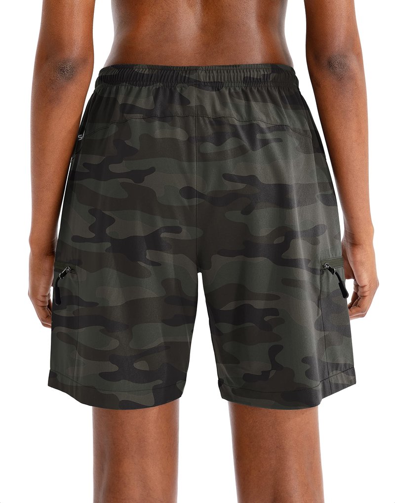 SANTINY Women's 5''/ 7''/9'' Hiking Cargo Shorts Quick Dry Lightweight Summer Shorts for Women Athletic Golf Zipper Pockets(Green Camo_M)