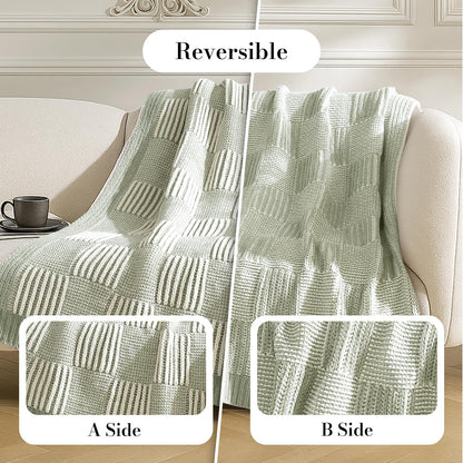 Amélie Home Chenille Knit Throw Blanket for Couch, Checkered Texture Decorative Soft Blanket for Sofa, Bed & Living Room, 50"x60", Sage Green & White