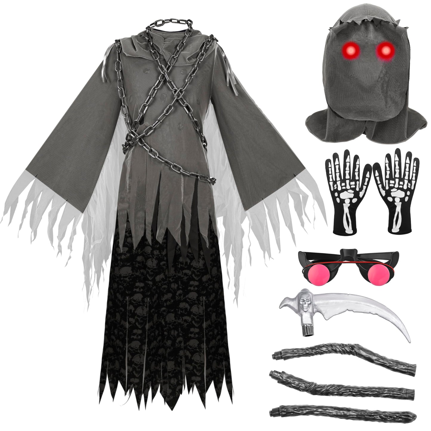 Spooktacular Creations Child Unisex Grim Reaper Costume, Halloween Costume with Glowing Red Eyes for Kids Trick-or-Treating-M(8-10yr)