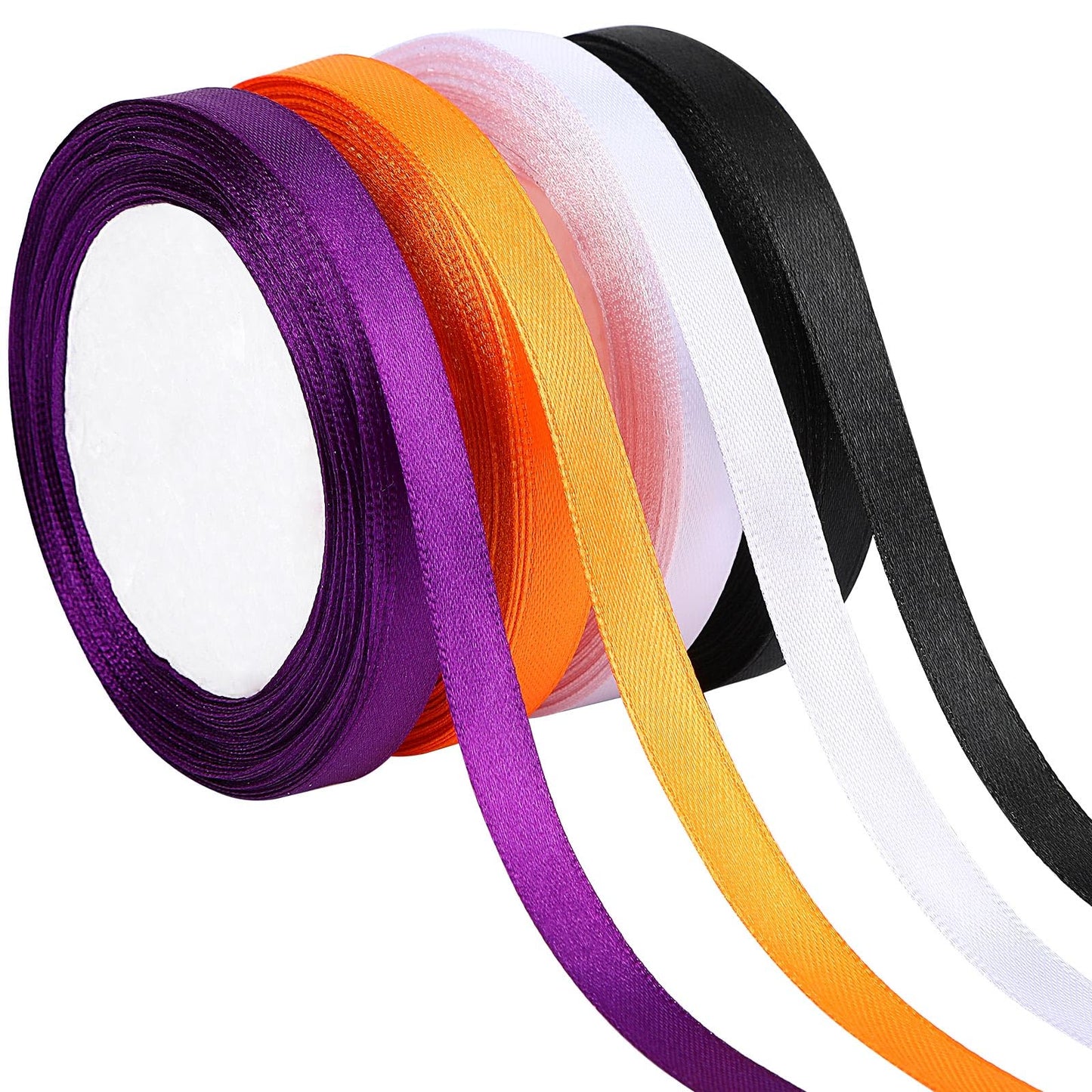 DECYOOL Halloween Ribbons, 4 Rolls 100 Yards Halloween Satin Ribbons 10mm Wide Holiday Gift Wrapping Ribbon for DIY Bows Party Decoration (Orange, Black, Purple, White)