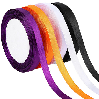 DECYOOL Halloween Ribbons, 4 Rolls 100 Yards Halloween Satin Ribbons 10mm Wide Holiday Gift Wrapping Ribbon for DIY Bows Party Decoration (Orange, Black, Purple, White)