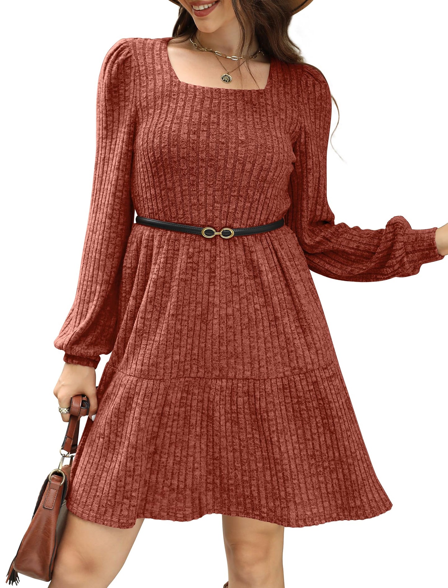 SAMPEEL Womens Fall Dresses 2025 Long Sleeve Halloween Wedding Guest Sweater Dress Burnt Orange L
