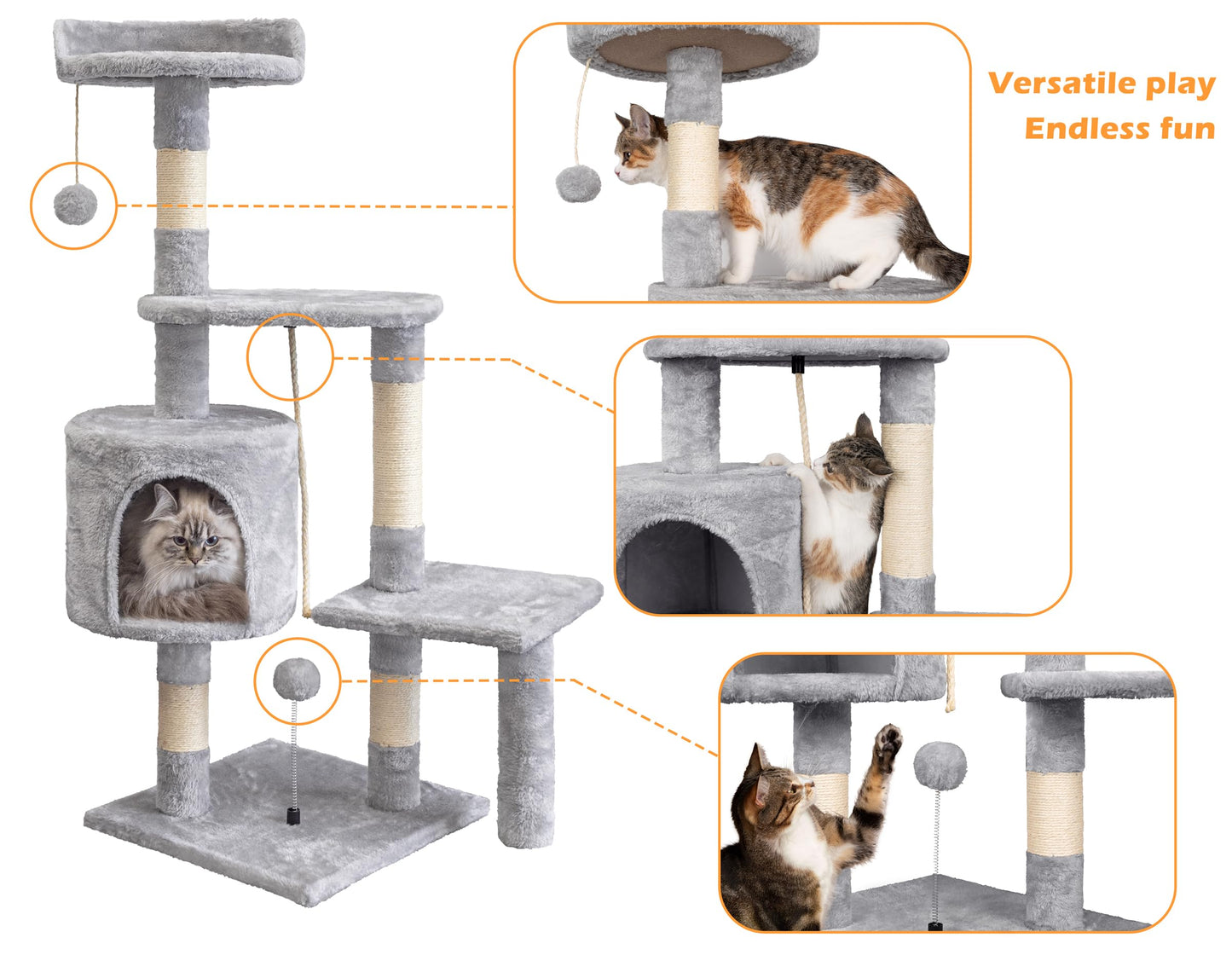 Cat Tree, 112cm Cat Scratching Post for Indoor Cats, Multi-Level Stable Cats Tower with Sisal Scratching Posts, Plush Toy Balls, Cave, Sisal Rope for Kitten Climbing, Playing, Relaxing, Grey