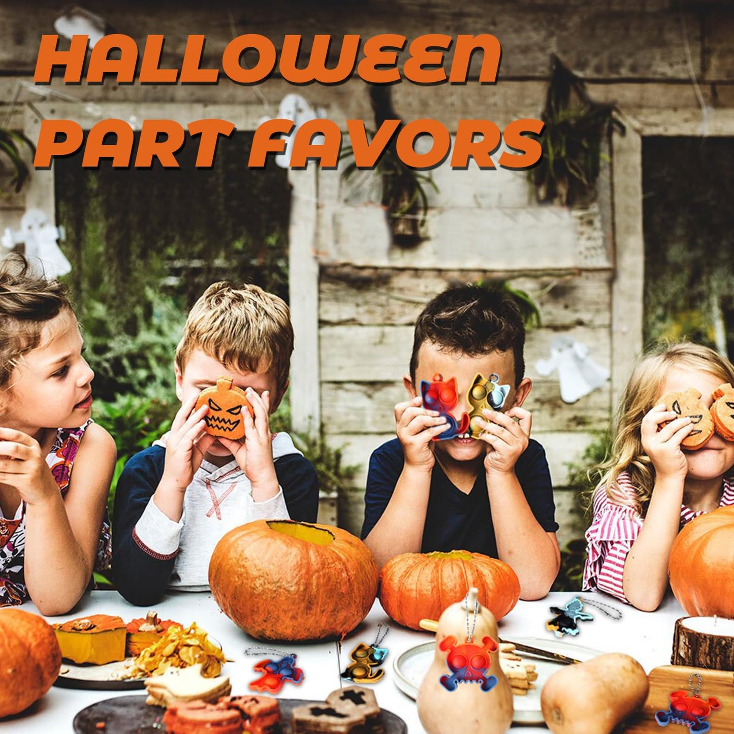 TOANWOD 24PCS Halloween Party Favors Mini Fidget Pop Keychain: Halloween Toys Bulk Cheap - Trick or Treat Toys Non Candy - Goody Bag Stuffers for Kids Classroom School Prizes (24Keychains + 24Cards)