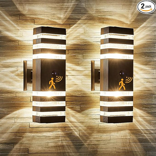 2 Pack Motion Sensor Outdoor Wall Light Fixture Up Down Porch Lights Modern Dusk to Dawn Exterior Sconce Light Wall Mount Outside Coach Lantern for House Front Door Garage (With 4 Dimmable Warm Bulbs)