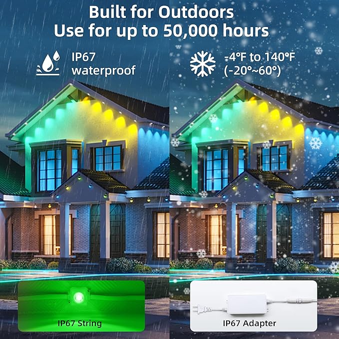 Smart RGB&IC Permanent Outdoor Lights, 50ft with 30 LED Eaves Light, Daily and Accent Lighting, 212 Scene Modes, Alexa & Google Assistant Compatible, Daily Party Halloween Christmas House Decor