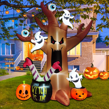 8 Ft Halloween Inflatables Outdoor Decorations - Outdoor Spooky Halloween Tree with Blow up Ghosts, Eyeballs, Pumpkins, Cauldron & Witch Legs - Built-in LED Lights for Outdoor Lawn Decor