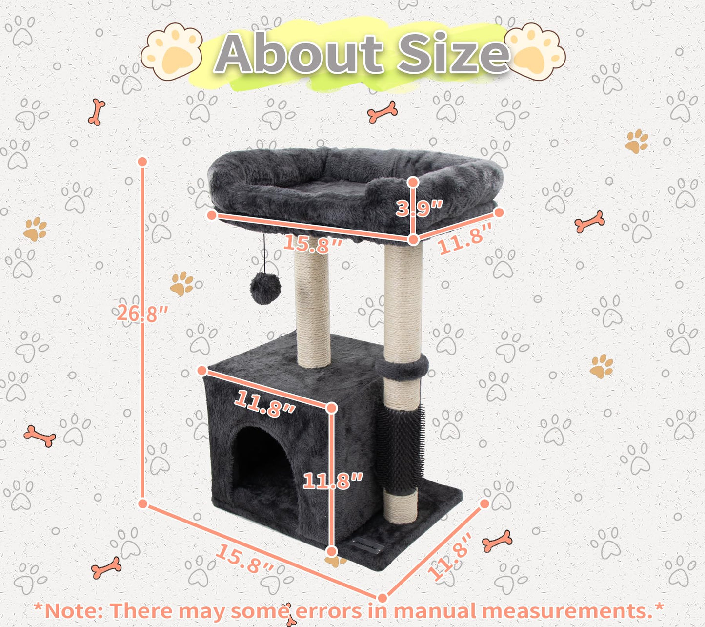 Hapineko 26.8" Small Cat Tree Tower,Cat Scratching Post for Indoor Cats,Featuring with Cat Cave & Cozy Perch,Cat Self Groomer and Interactive Dangling Ball Great for Kittens/Cats (Smoky Gray, Medium)