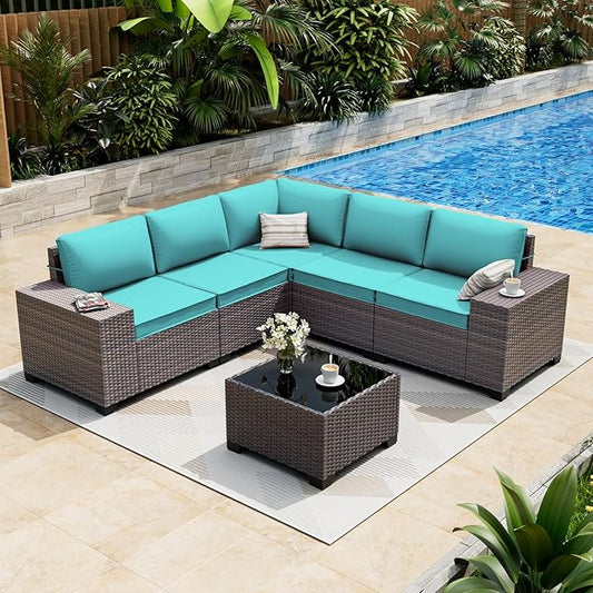 ALAULM 6 Pieces Patio Furniture Set, Oversized Seat/Armrest and High Back Wicker Sectional Furniture Set with Thick Cushion for Backyard, Garden, Turquoise