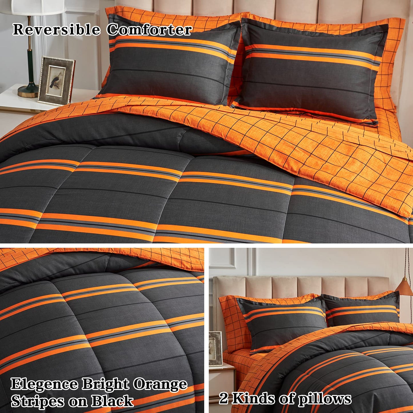 Flysheep Boho Striped Halloween Bed in a Bag 6 Pieces Twin Size, Ombre Bright Orange Stripes on Black Comforter Sheet Set (1 Comforter, 1 Flat Sheet, 1 Fitted Sheet, 2 Pillow Shams, 1 Pillowcase)