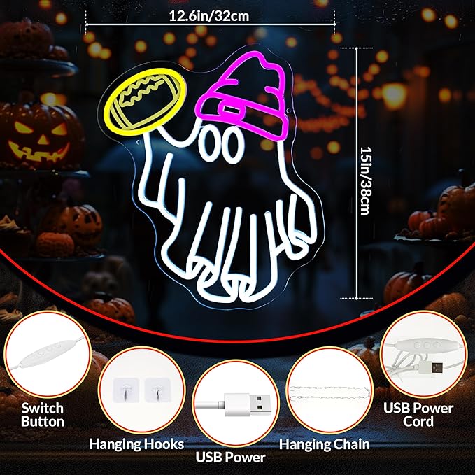 Halloween Ghost Neon Signs for Wall Decor Dimmable USB Powered Football Ghost Signs Gift for Football Fans Teens, Halloween Ghost Neon Light for Bedroom, Living Room, Bar, Party