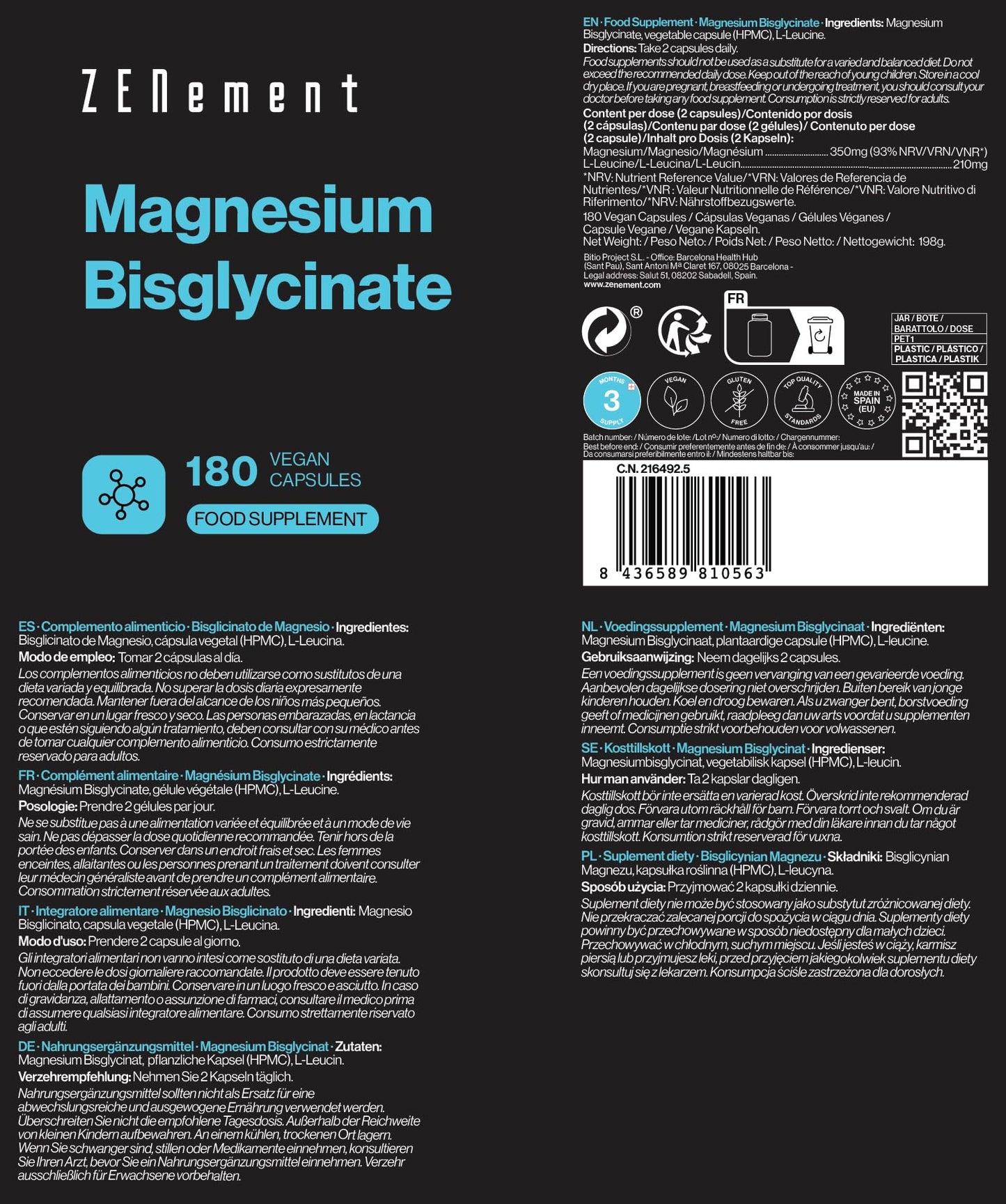 Magnesium Glycinate (Bisglycinate), Chelated Magnesium Supplements | 180 Vegan Premium Magnesium Capsules (3 Month Supply) | Providing 350mg Elemental Magnesium | Zenement