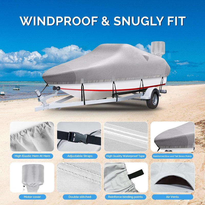 Plscoverit Trailerable Boat Cover, 20'-22' Heavy Duty 1200D Polyester Canvas Boat covers, UV Resistant Waterproof Bass Boat Covers with Motor Cover, Fits V-Hull Tri-Hull Fish & Ski Boat Boat, Runabout