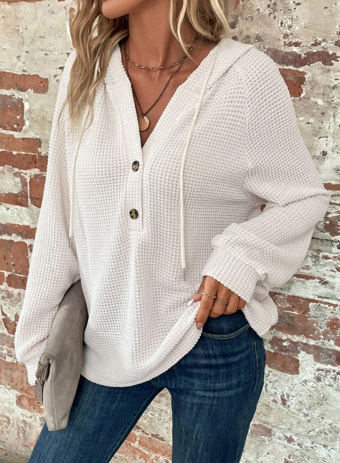 Dokotoo Hoodies for Women Oversized Waffle Knit Teacher Outfits for Women Drawstring Button V Neck Long Sleeve Casual Lightweight Sweatshirt Hooded Early Fall Fashion Clothes 2025 White Medium