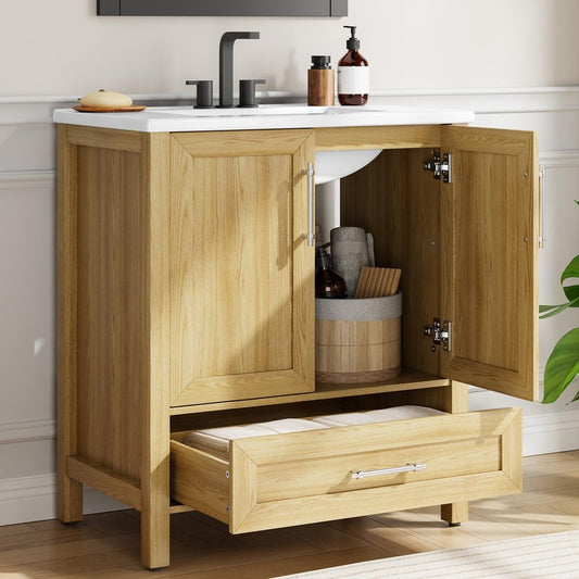 IDEALHOUSE 30" Bathroom Vanity with Sink, Freestanding Wooden Bathroom Vanity Cabinet with Soft-Closing Door and Metal Handle, Modern Floor Standing Storage for Small Spaces,Natural Wood
