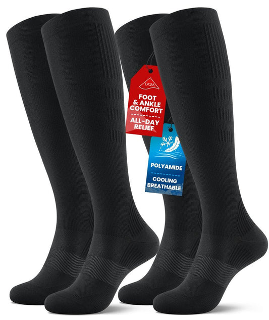 PULIOU Cooling Compression Socks for Women Men, 20-30 mmHg Circulation Knee High for Travel, Flying, Running, 2 Pairs(Black,S-M