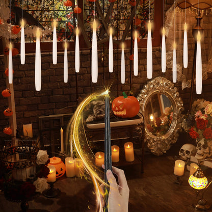 DRomance 22pcs Floating Flameless Candles with Wand Remote and Timer, Battery Operated Magic Hanging LED Flickering Window Taper Candles Warm Light Halloween Lights Decoration(0.45" x 6.1")