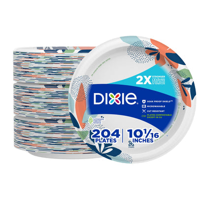 Dixie Large Paper Plates, 10 Inch, 204 Count, 2X Stronger*, Microwave-Safe, Soak-Proof, Cut Resistant, Disposable Plates For Everyday Breakfast, Lunch, & Dinner Meals