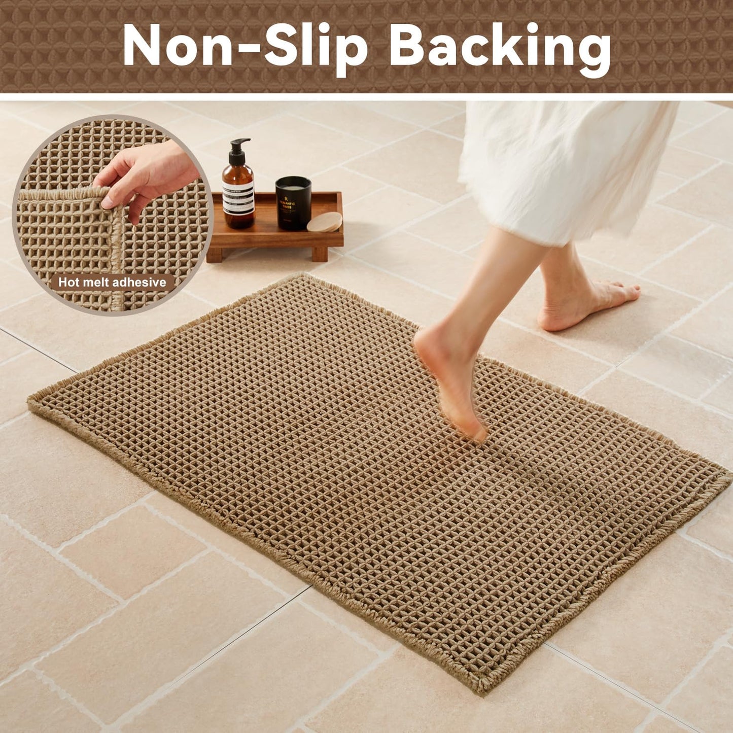 Triohero Waffle Bath Mat, Small Boho Bathroom Rugs Non Slip Washable, Ultra Soft Super Absorbent Quick Dry Farmhouse Bathroom Decor, 16" x 24", Khaki