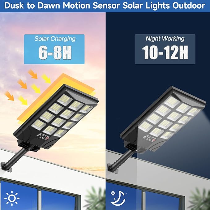Solar Street Lights Outdoor Motion Sensor, 6500K Dusk to Dawn LED Solar Flood Light, Waterproof Security Light for Outside Garden Yard Parking Lot, 2PCS