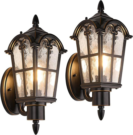 Outdoor Wall Light Fixtures, Black & Gold Exterior Waterproof Porch Lights, Vintage Outside Wall Sconces with Water Ripple Glass for House Front Door Garage, 2 Pack