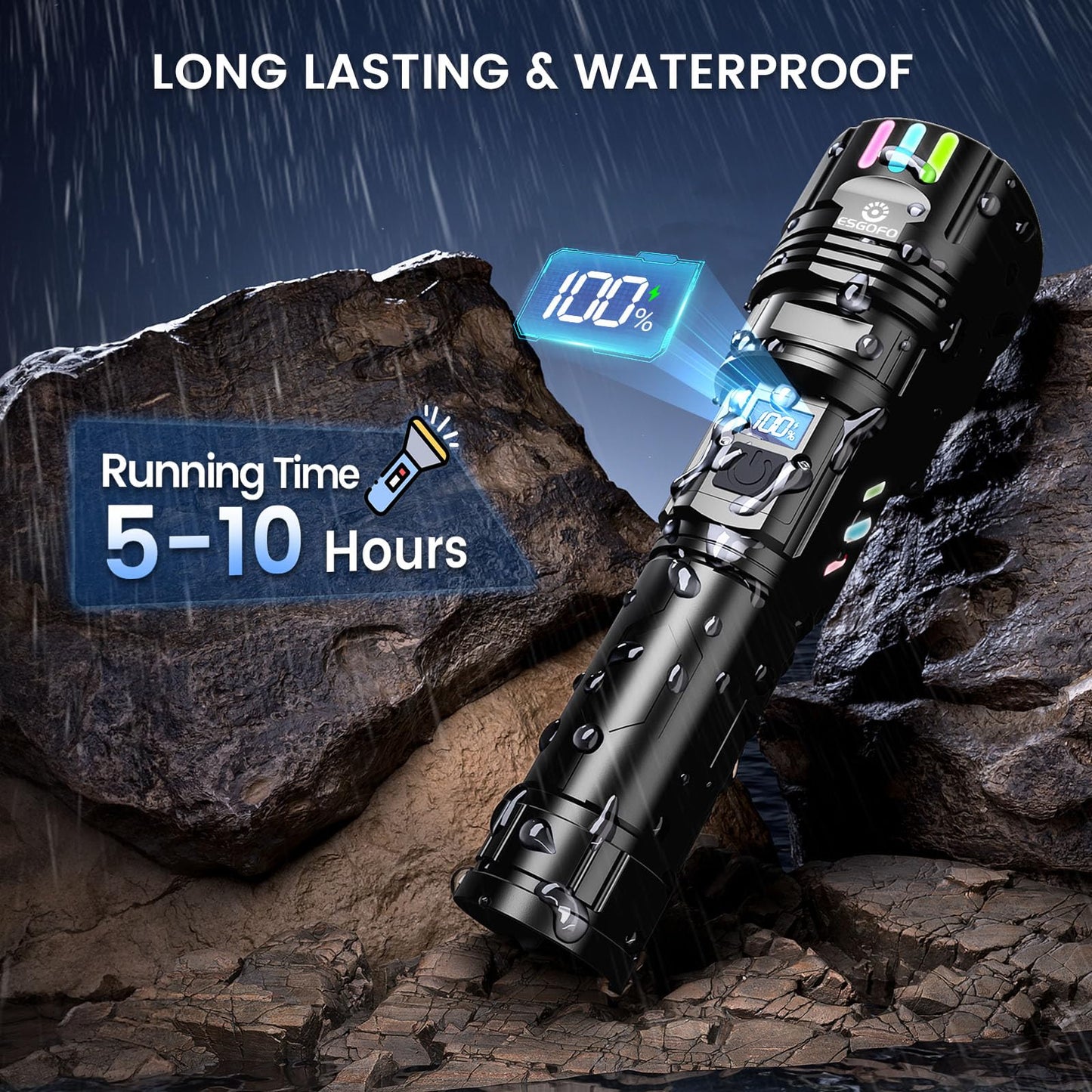 Esgofo Super Bright Flashlight 2000 High Lumens Rechargeable,Powerful Long Distance 3280ft Strong LED Flash Lights,Long Lasting 10H LCD Digital USB Discharging Function,Focus & Brightness Adjustable