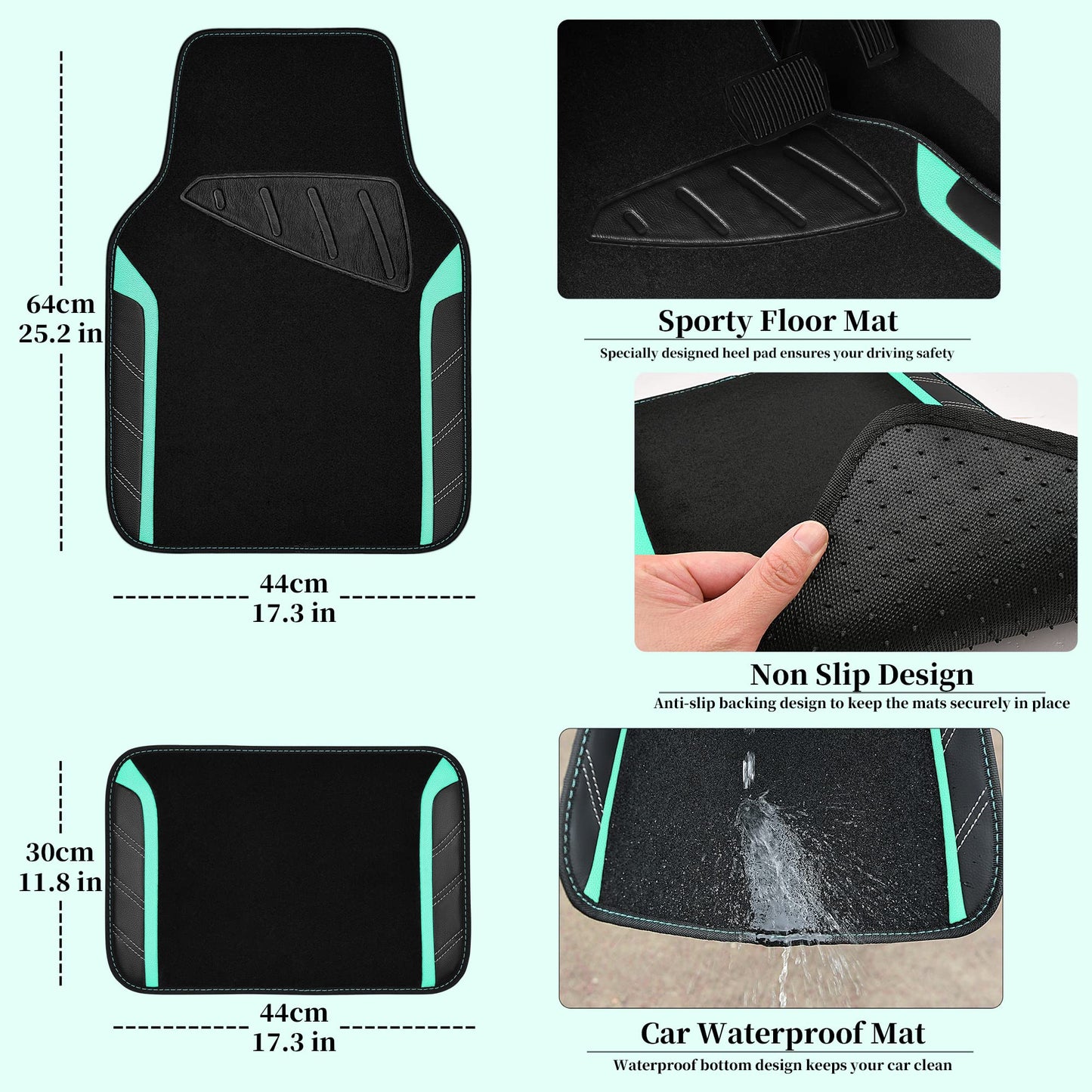 CAR PASS Leather Steering Wheel Cover and Waterproof Car Floor Mats,Microfiber Universal Car Combo Fit for 95% Sedan,SUV,Cars,14.5-15inch Sporty Anti-Slip Safety Comfortable Design(Black&Mint)