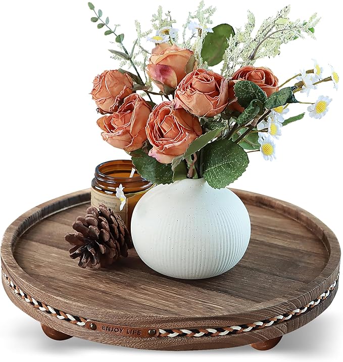 Decor Decorative Round Tray 11.81in for Home Decor for Coffee Table Farmhouse Kitchen Table Living Room Bathroom Centerpiece Tray Decor Rustic + Stripes