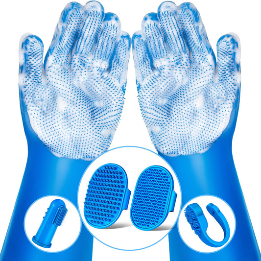 Augwind 6PCS Pet Grooming Kit | Dog Washing Gloves | Dog Bath Brush | Dog Bath Gloves | Dog Shampoo Brush | Pet Grooming Gloves | Cat Bathing Supplies | Dog Bath Supplies (Navy Blue)