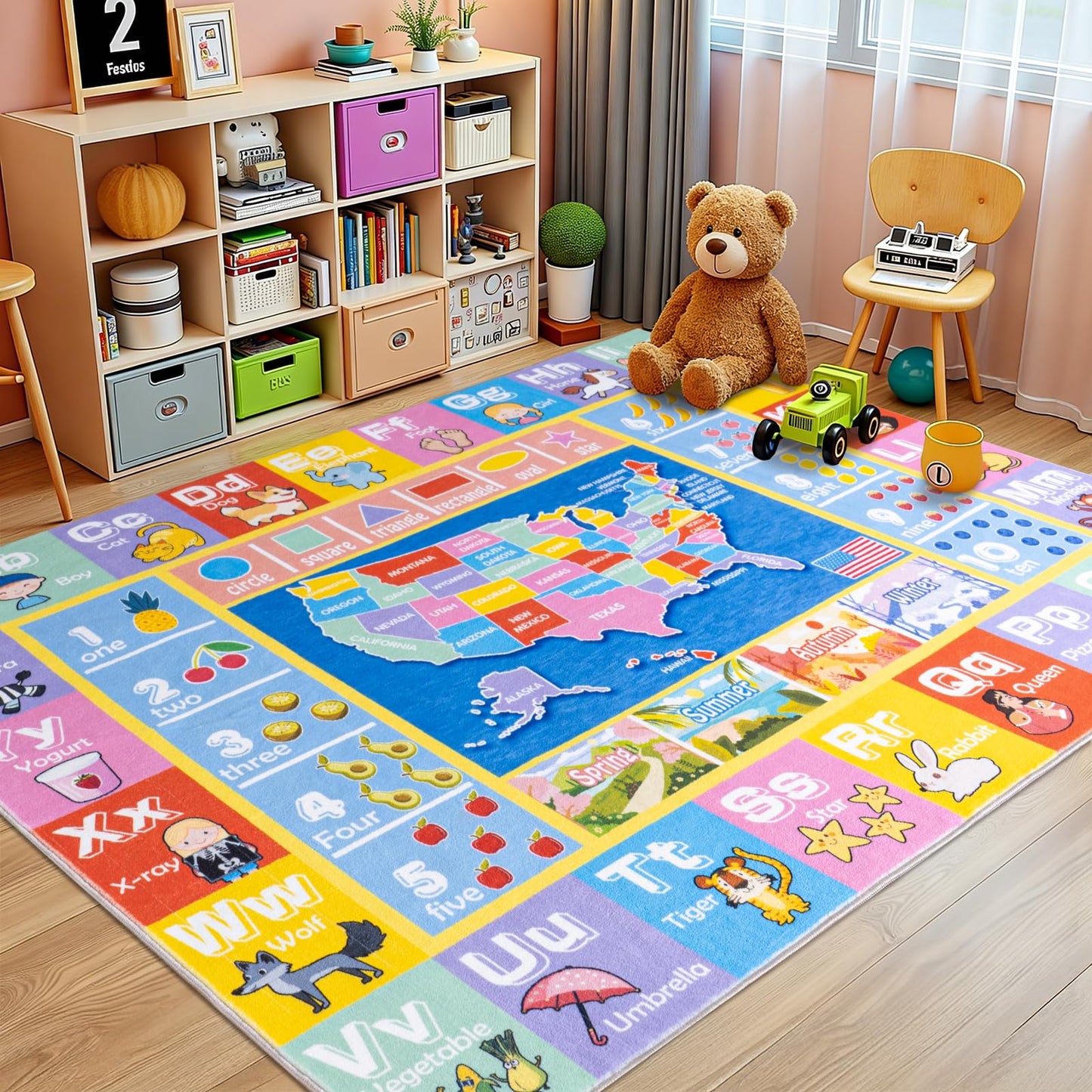 OHDS Kids Rugs for Playroom - Soft & Non-Slip 3x4 Feet Educational Rug for Learning ABC Alphabet, Numbers, Shapes & Map, Washable Classroom Rug for Toddler Nursery & Kids Room Decor