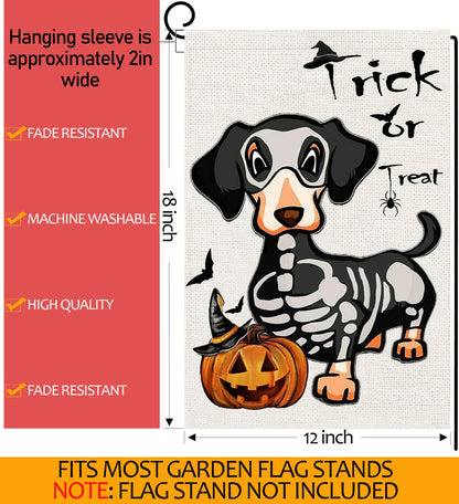 Halloween Trick or Treat Garden Flags 12x18 Double Sided, Ghost Dog Yard Flag for Outside Decor, Holiday Dachshund Skeleton Outdoor Decorations for Home