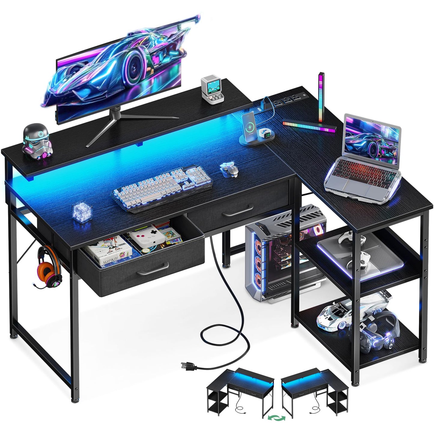 Coleshome 40 Inch L Shaped Gaming Desk with 2 Drawers & Storage Shelves, Computer Desk with USB Ports, Study Writing Table for Bedroom, Simple Modern Laptop Desk for Home Office, Black