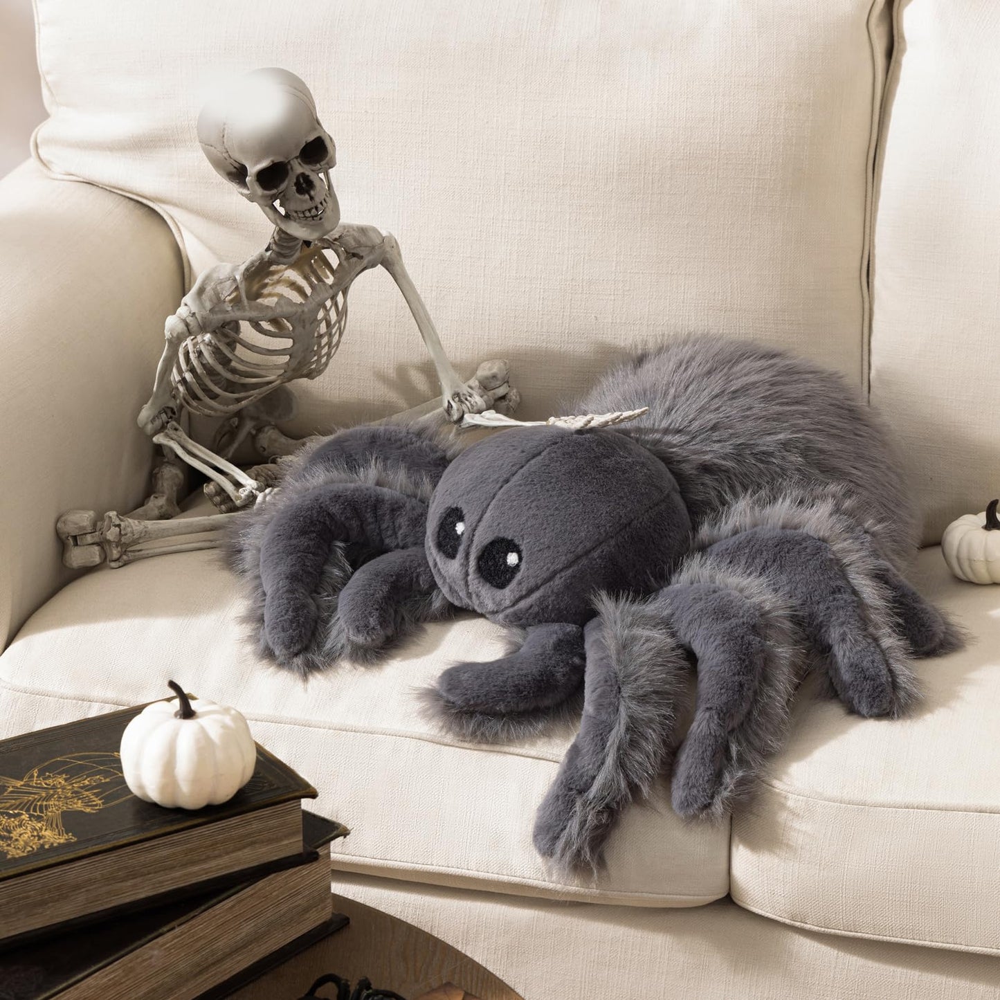 Phantoscope Happy Halloween Spider Shaped Throw Pillow, Faux Fur Fluffy Tarantula Shaped Halloween Cushion Pillow, Deep Gray, 9.5 x 16 inch