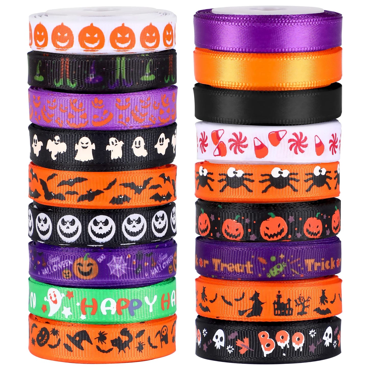 SANNIX 18 Rolls 90 Yards Halloween Ribbon Printed Grosgrain Ribbons 3/8″ Wide DIY Craft Fabric for Halloween Party Decor Gift Wrapping Ribbon