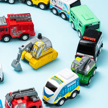 JOYIN 18 Piece Pull Back City Cars and Trucks Toy Vehicles Set Model Car, Friction Powered Die-Cast Cars for Toddlers, Boys, and Girls’ Educational Play