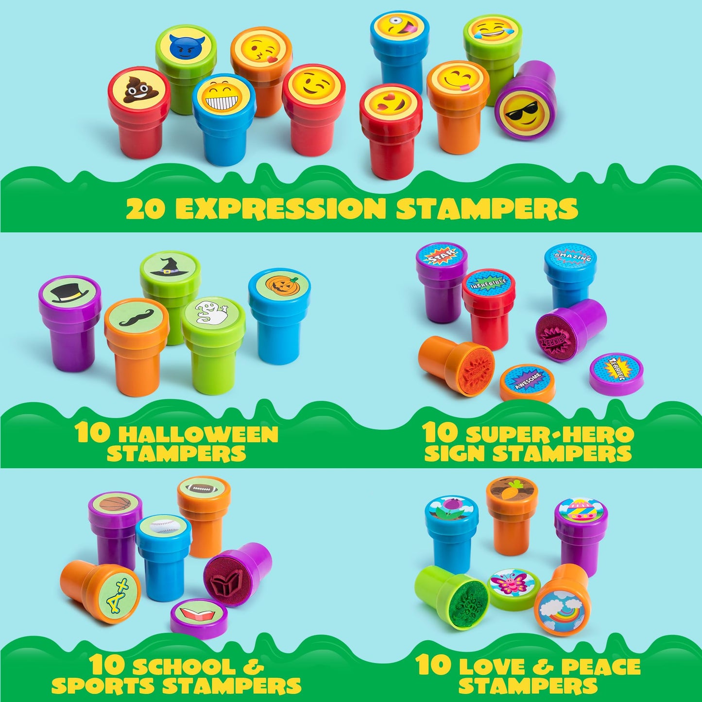 JOYIN 100PCS Assorted Stamps for Kids Self-Ink for Party Favor, Teacher Stamps, Kids Treasure Box, Prize for Classroom, Easter Egg Stuffers (50 Designs, Dinosaur, Halloween Stampers)