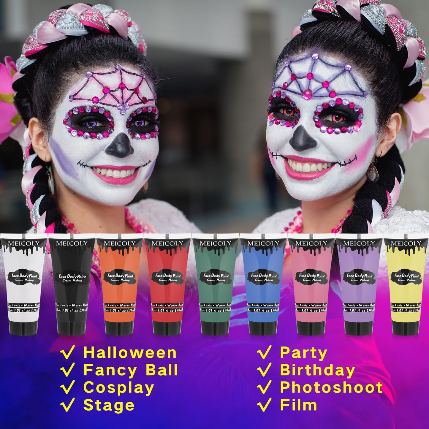 MEICOLY 9 Colors Face Body Paint Set,1.01x9oz/Box,Water Based Washable Face Paint for Adult Kids,Safe Cream Body Paint for Skin,Yellow Red White Blue Face Painting Kit for Halloween SFX Cosplay Makeup