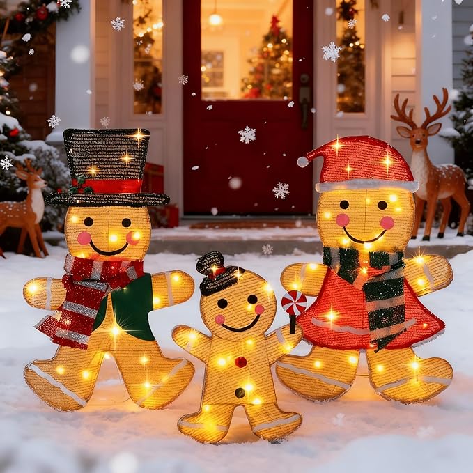 Light Up Gingerbread Man Christmas Decorations Outdoor, 53 LEDs Set of 3 Lawn Ornament, Outdoor Lighted Holiday Displays for Christmas Yard Decorations (Gingerbread Man)