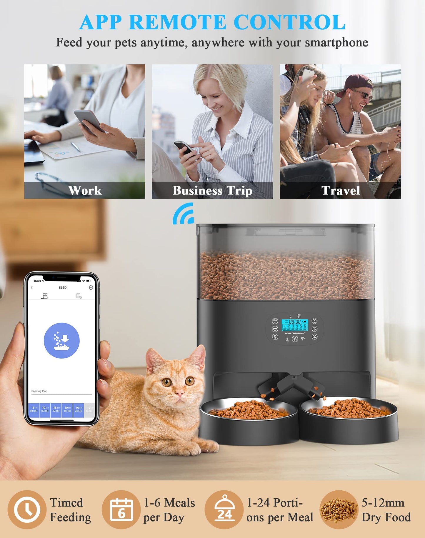 HoneyGuaridan 6L Automatic Cat Feeder for 2 Cats, 2.4G WiFi Enabled Smart Feed Automatic Pet Feeder for Cats & Dogs, Timed Pet Food Dispenser with Stainless Steel Bowl APP Control, 10s Voice Recorder