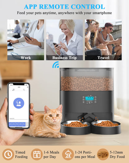HoneyGuaridan 6L Automatic Cat Feeder for 2 Cats, 2.4G WiFi Enabled Smart Feed Automatic Pet Feeder for Cats & Dogs, Timed Pet Food Dispenser with Stainless Steel Bowl APP Control, 10s Voice Recorder