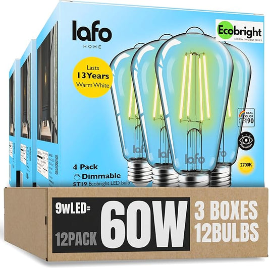 EcoBright ST19/ST64 LED Filament Bulbs, Dimmable, 60W Equivalent, 9W, 800 Lumens, 2700K Warm White, CRI90+, E26 Base, Flicker-Free, Edison Chandelier, ETL/FCC Certified (12 Pack)
