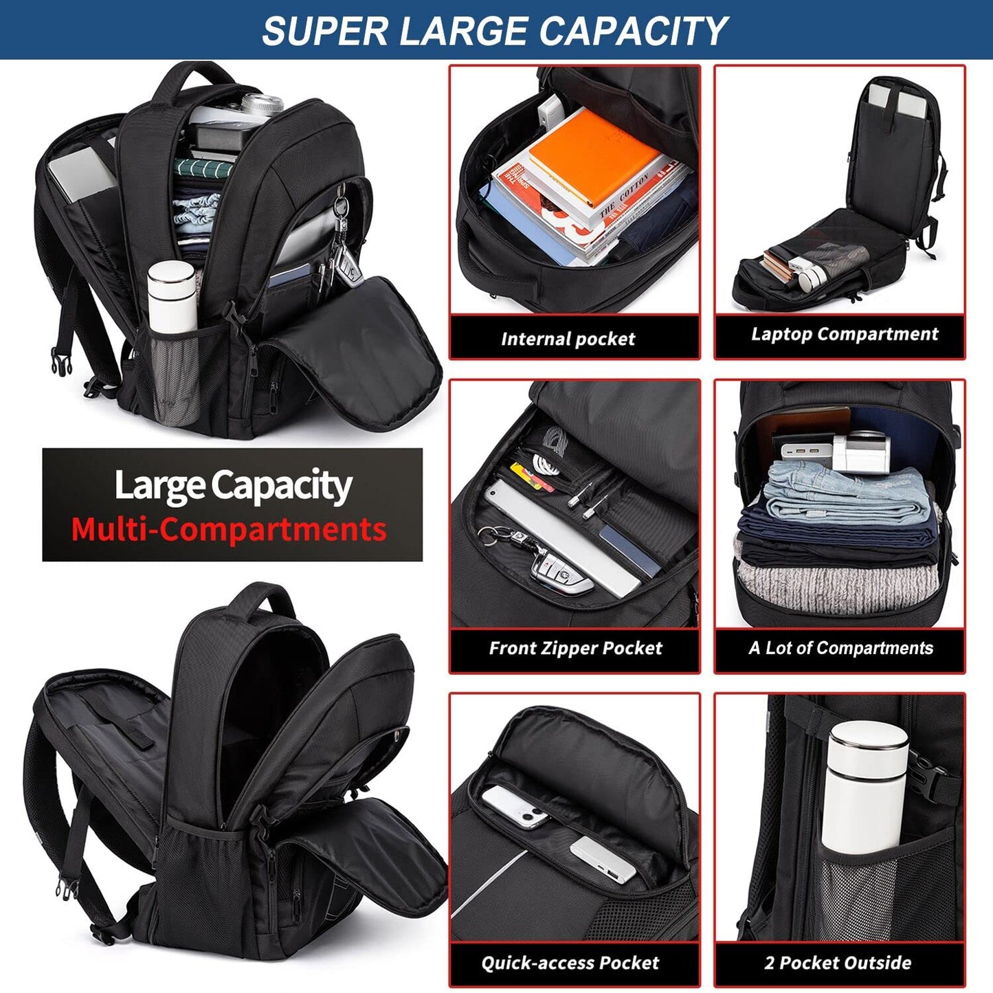 Extra Large Backpack 55L,18.4 Inch Travel Laptop Work Bag with USB Charging Port Big Business Flight Approved TSA Heavy Duty Computer Rucksack for Men Women College School,Black