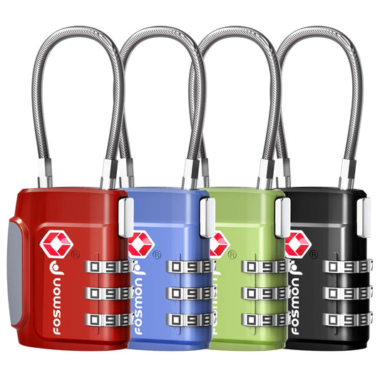 Fosmon TSA Approved Luggage Locks, Cable Suitcase Travel Lock, 3 Digit Long Shackle Combination Padlock, Wire Lock for Gym Locker, Backpack Anti Theft