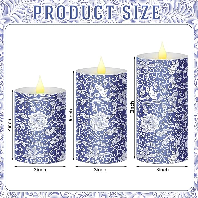 Baquler 3 Pcs Chinoiserie Flameless Pillar Candles Blue and White Floral Candles Battery Operated Decorative Porcelain LED Candlestick for Home Wedding Table Party Decoration