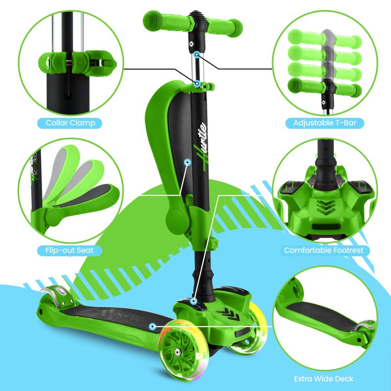 Hurtle 3 Wheeled Scooter for Kids - 2-in-1 Sit/Stand Child Toddlers Toy Kick Scooters w/ Flip-out Seat, Adjustable Height, Wide Deck, Flashing Wheel Lights, For Boys/Girls 1 Year Old+ (Green)