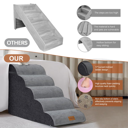 Wide Dog Steps Stairs for Bed 5 Steps 62 cm High for Dogs, Dog Ramp High Density Foam Pet Stairs Washable Cover and Non-Slip Base 40 x 87 x 62 cm