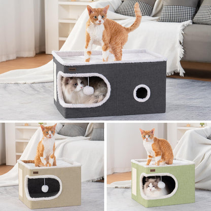 Garnpet Cat Bed for Indoor Cats Cube House, Covered Cat Cave Beds & Furniture with Scratch Pad and Hideaway Tent, Cute Modern Cat Condo for Multi Small Pet Large Kitten Kitty, Large, Dark Grey