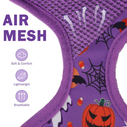 SCENEREAL Halloween Small Dog Harness Collar and Leash Set, Adjustable No Pull Pet Harnesses, No Chock Soft Mesh Step in Vest Costume for Doggie Puppy Dogs Cats Girl Boy Outdoor Walking