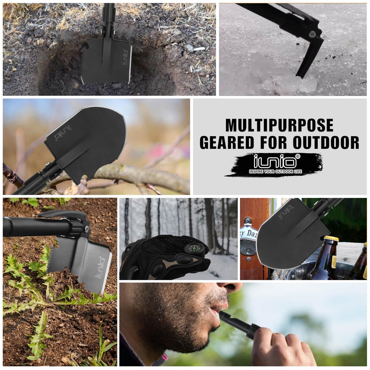 iunio Folding Survival Shovel, Military-Grade Entrenching Tool, Collapsible Emergency Shovel for Disaster Recovery,Car Emergency, Multi-Tool Spade with Pickaxe,Camping,Trenching,Hiking,Gardening