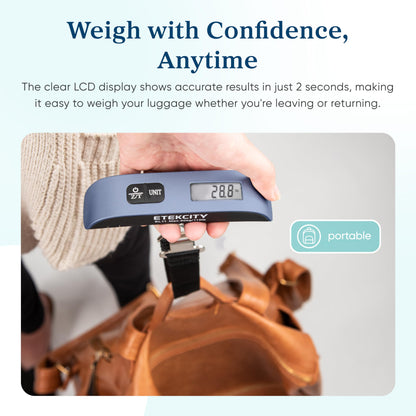 Etekcity Luggage Scale, Travel Essentials, Digital Suitcase Weight Scales for Travel Accessories, Hanging Baggage Scale with Temperature Sensor, Rubber Paint, 110 Pounds, Battery Included, Blue